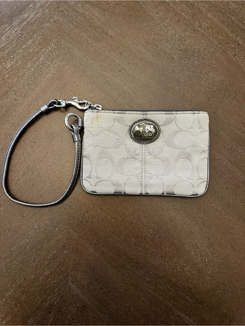 Coach Park Signature wristlet in silver and khaki